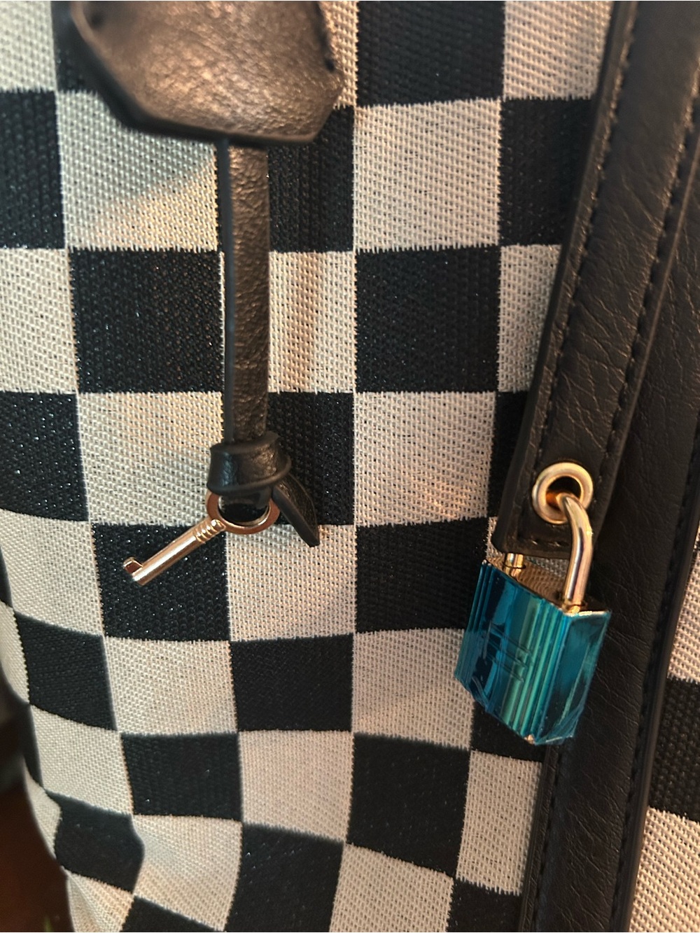 Black & White Checker Purse Bag with Lock Accent - Picture 2 of 5